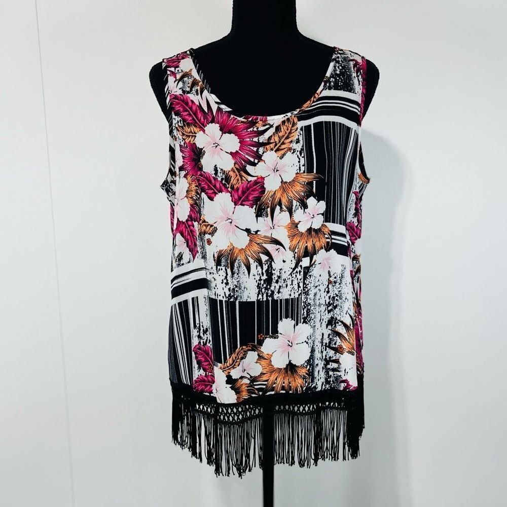 Zac & Rachel Abstract Floral Fringe Tank Top Sz M Women’s Hawaiian